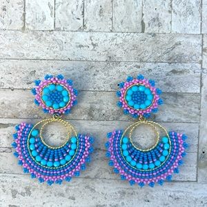 Handmade Colombian blue & pink Beaded Statement Earrings - Light Weight!